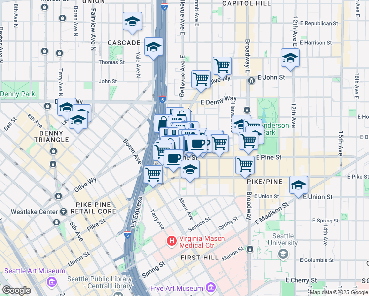 map of restaurants, bars, coffee shops, grocery stores, and more near 1628 Bellevue Avenue in Seattle