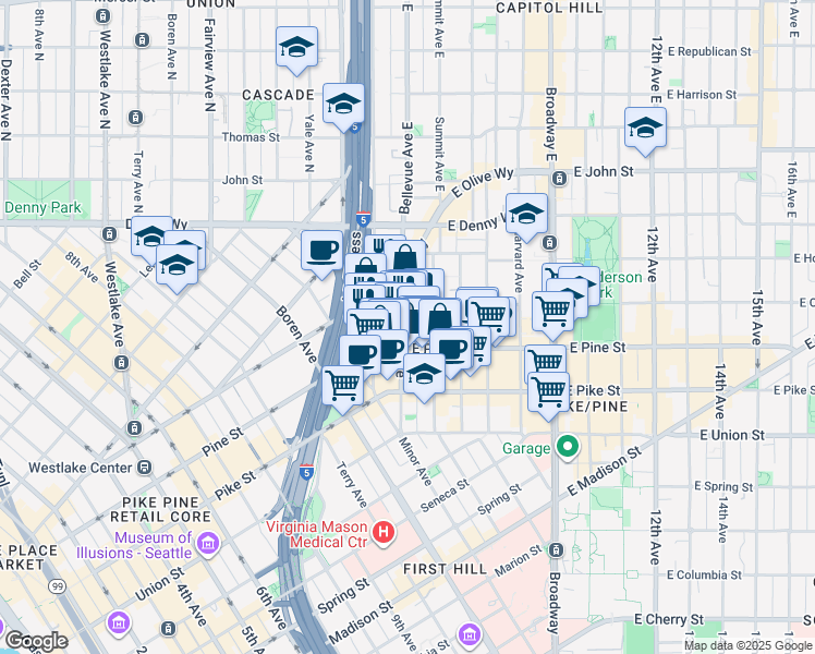 map of restaurants, bars, coffee shops, grocery stores, and more near 1628 Bellevue Avenue in Seattle