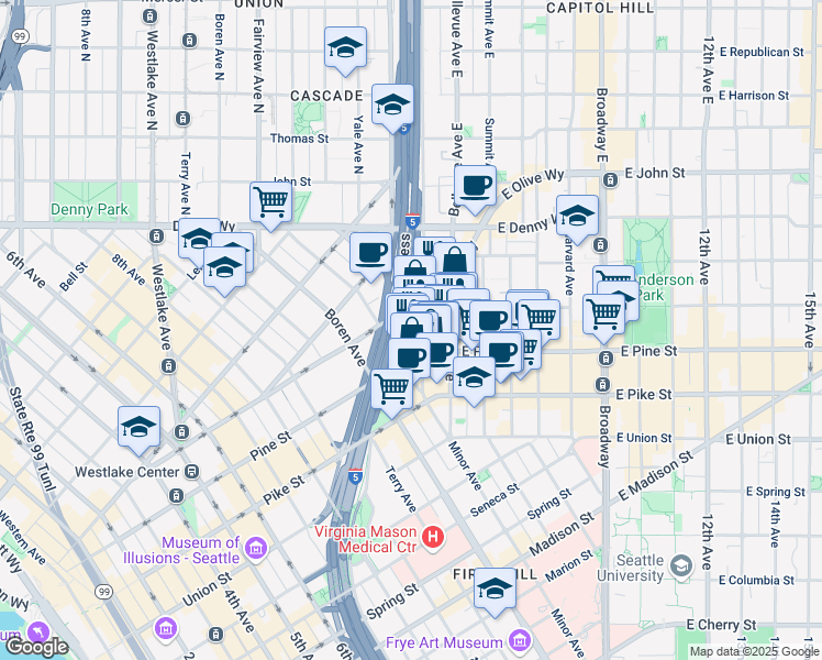 map of restaurants, bars, coffee shops, grocery stores, and more near 1633 Melrose Avenue in Seattle