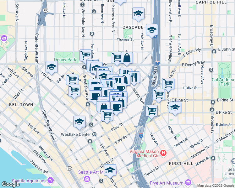 map of restaurants, bars, coffee shops, grocery stores, and more near in Seattle