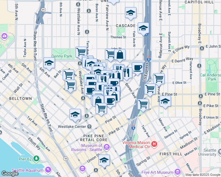 map of restaurants, bars, coffee shops, grocery stores, and more near 919 Stewart Street in Seattle