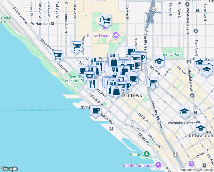 map of restaurants, bars, coffee shops, grocery stores, and more near 1st Ave & Cedar St in Seattle