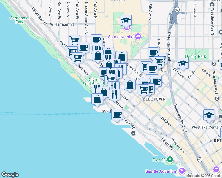map of restaurants, bars, coffee shops, grocery stores, and more near 2801 Western Avenue in Seattle
