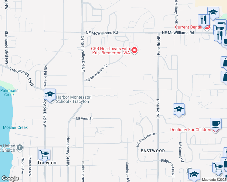 map of restaurants, bars, coffee shops, grocery stores, and more near 139 Northeast Teri Court in Bremerton
