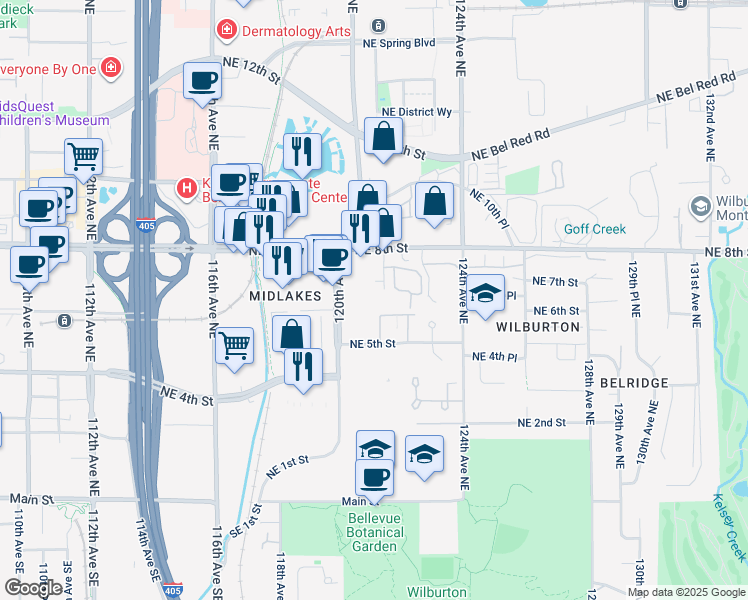 map of restaurants, bars, coffee shops, grocery stores, and more near 701 122nd Avenue Northeast in Bellevue
