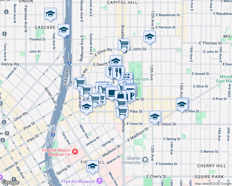map of restaurants, bars, coffee shops, grocery stores, and more near 1625 Broadway in Seattle