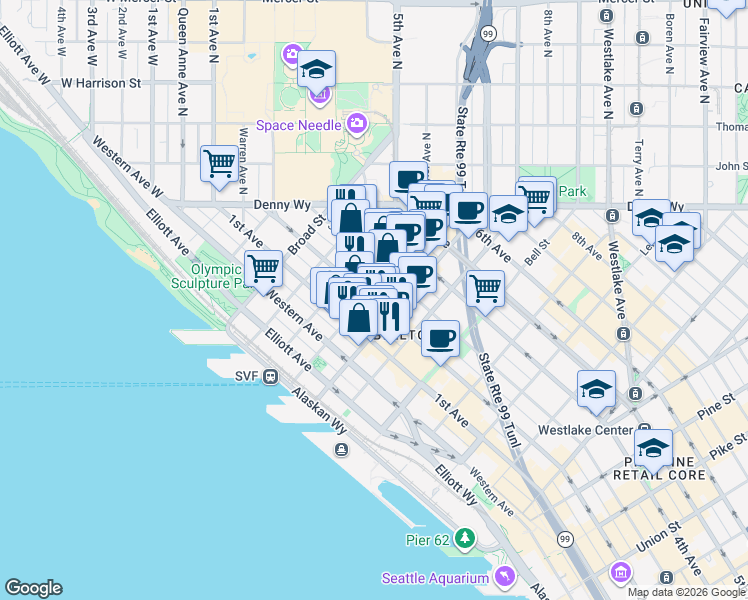 map of restaurants, bars, coffee shops, grocery stores, and more near 2607 2nd Avenue in Seattle