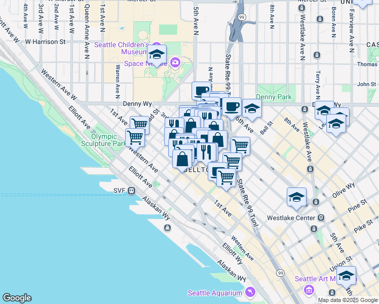 map of restaurants, bars, coffee shops, grocery stores, and more near 210 Wall Street in Seattle