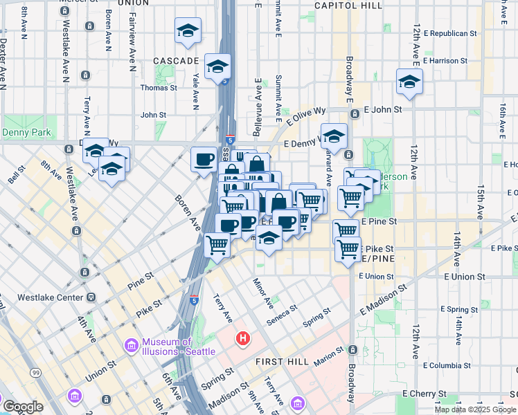 map of restaurants, bars, coffee shops, grocery stores, and more near 1628 Bellevue Avenue in Seattle