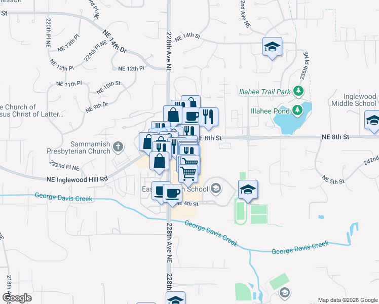 map of restaurants, bars, coffee shops, grocery stores, and more near 712 228th Avenue Northeast in Sammamish