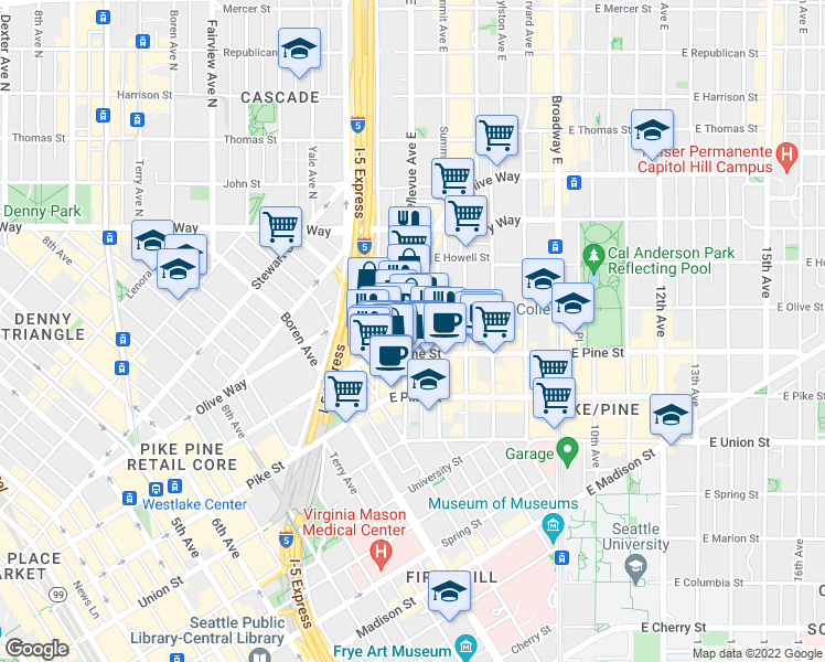 map of restaurants, bars, coffee shops, grocery stores, and more near 1618 Bellevue Avenue in Seattle