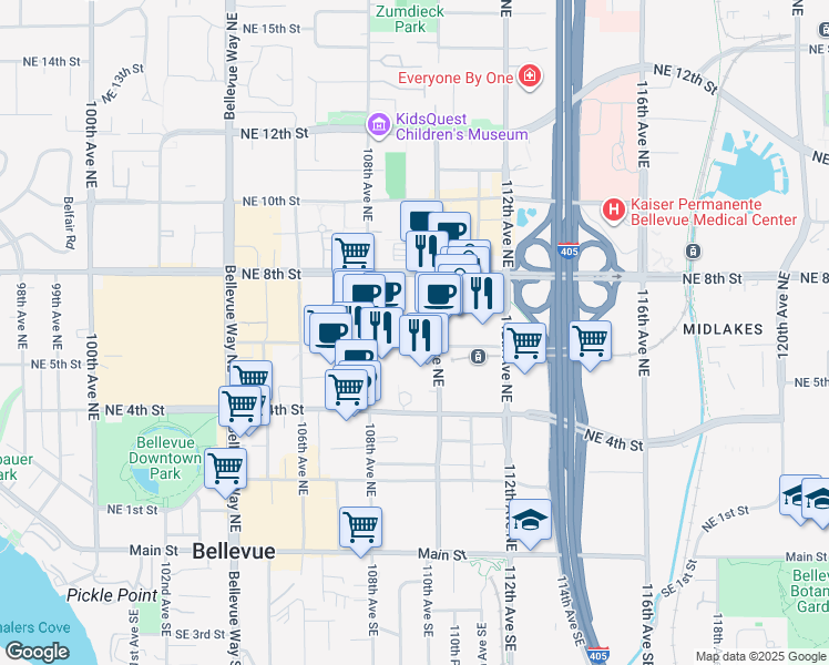 map of restaurants, bars, coffee shops, grocery stores, and more near 633 110th Avenue Northeast in Bellevue
