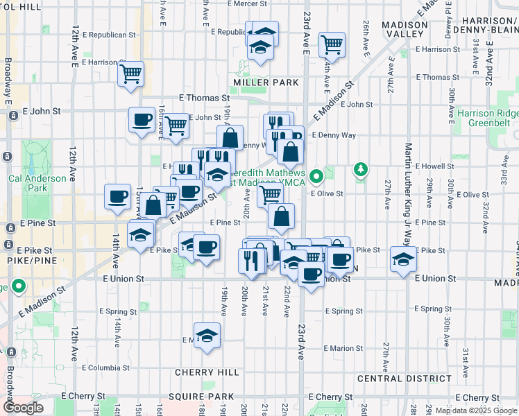 map of restaurants, bars, coffee shops, grocery stores, and more near 1617 21st Avenue East in Seattle