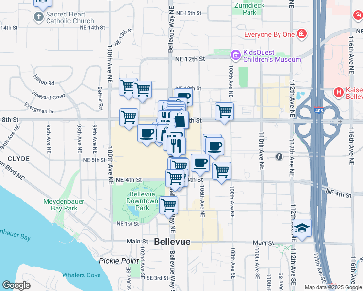 map of restaurants, bars, coffee shops, grocery stores, and more near 600 Bellevue Way Northeast in Bellevue