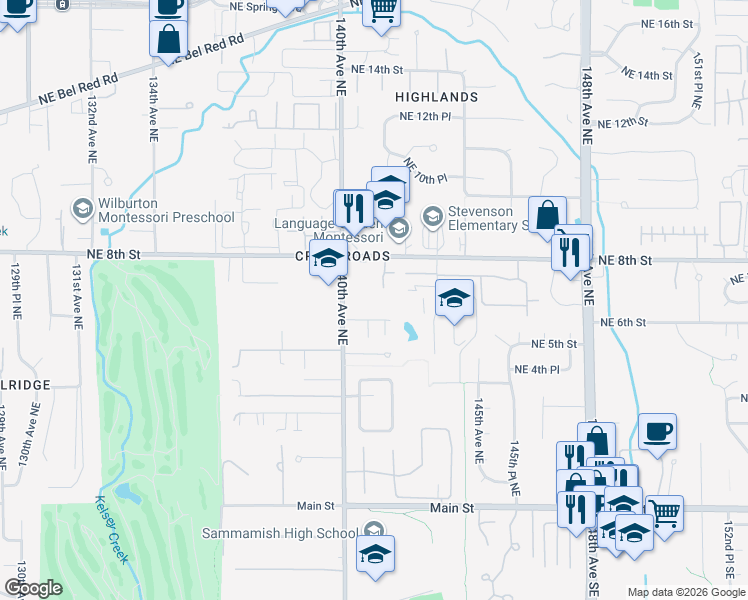 map of restaurants, bars, coffee shops, grocery stores, and more near 738 140th Avenue Northeast in Bellevue