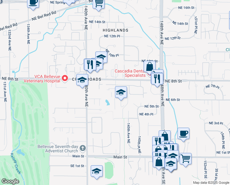 map of restaurants, bars, coffee shops, grocery stores, and more near 601 143rd Avenue Northeast in Bellevue