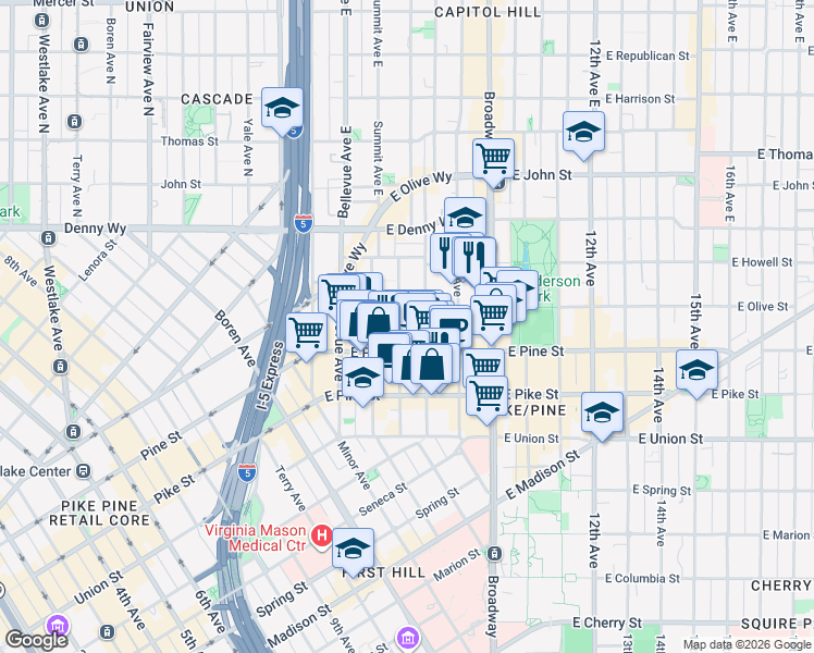 map of restaurants, bars, coffee shops, grocery stores, and more near 1617 Boylston Avenue in Seattle