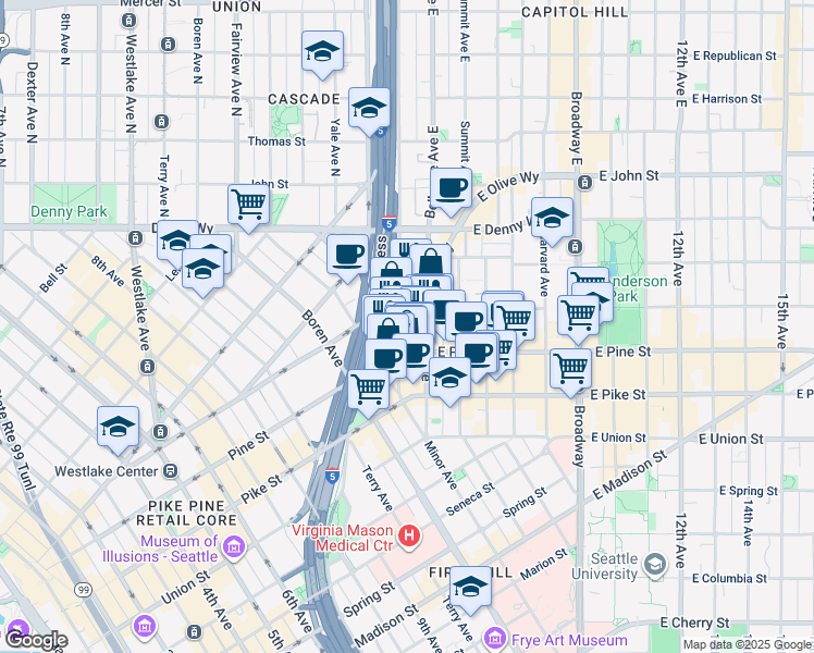 map of restaurants, bars, coffee shops, grocery stores, and more near 1633 Melrose Avenue in Seattle
