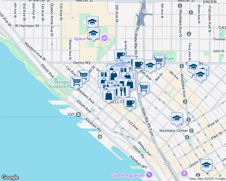 map of restaurants, bars, coffee shops, grocery stores, and more near in Seattle