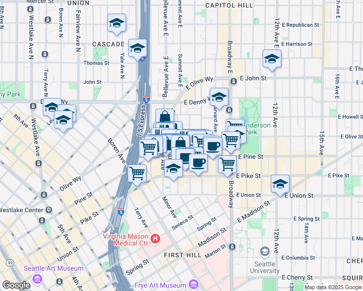 map of restaurants, bars, coffee shops, grocery stores, and more near 1627 Belmont Avenue in Seattle