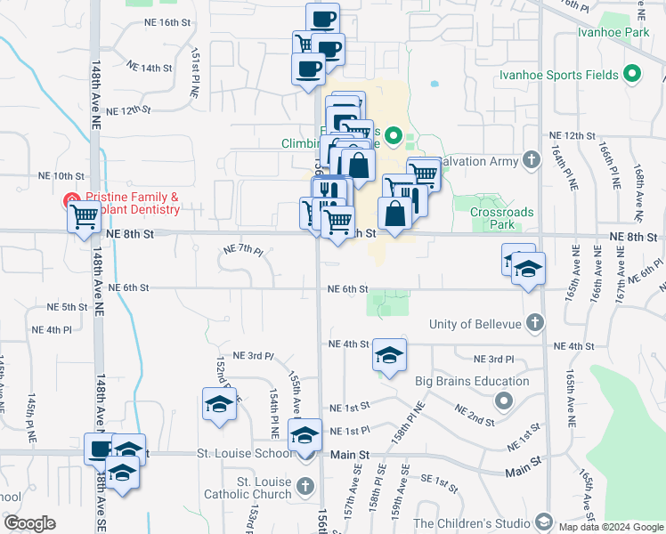 map of restaurants, bars, coffee shops, grocery stores, and more near 692 156th Avenue Northeast in Bellevue