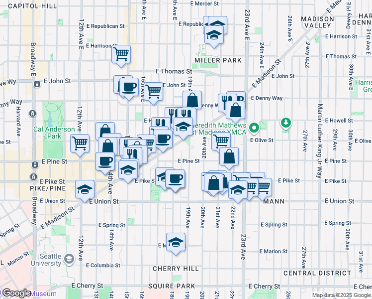 map of restaurants, bars, coffee shops, grocery stores, and more near 1615 19th Avenue in Seattle