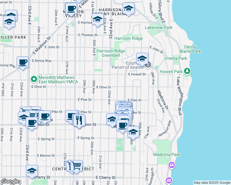 map of restaurants, bars, coffee shops, grocery stores, and more near 1621 33rd Avenue in Seattle