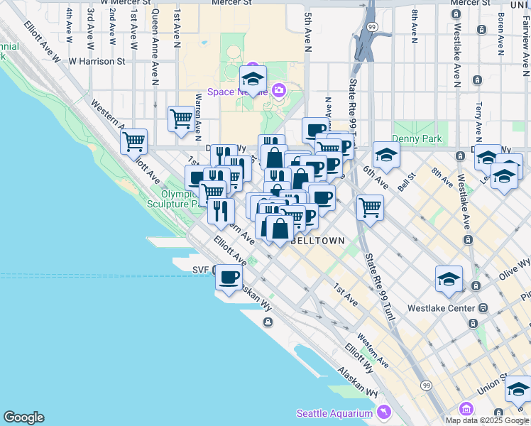 map of restaurants, bars, coffee shops, grocery stores, and more near 111 Cedar Street in Seattle