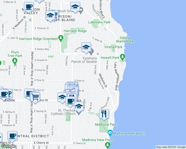 map of restaurants, bars, coffee shops, grocery stores, and more near 1618 37th Avenue in Seattle