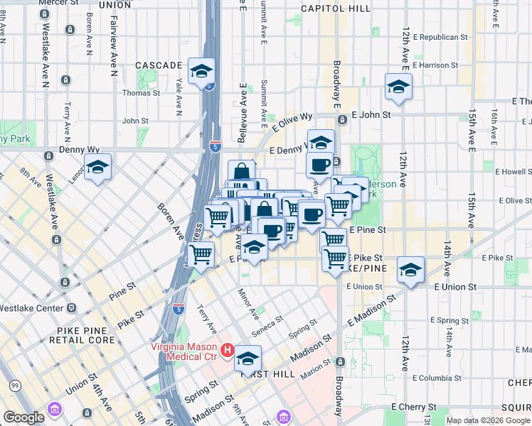 map of restaurants, bars, coffee shops, grocery stores, and more near 1614 Summit Avenue in Seattle