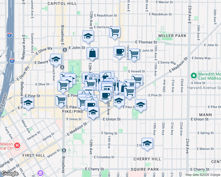 map of restaurants, bars, coffee shops, grocery stores, and more near 1623A 14th Avenue in Seattle