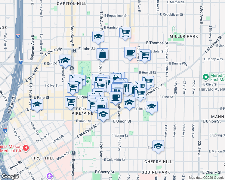 map of restaurants, bars, coffee shops, grocery stores, and more near 1623A 14th Avenue in Seattle
