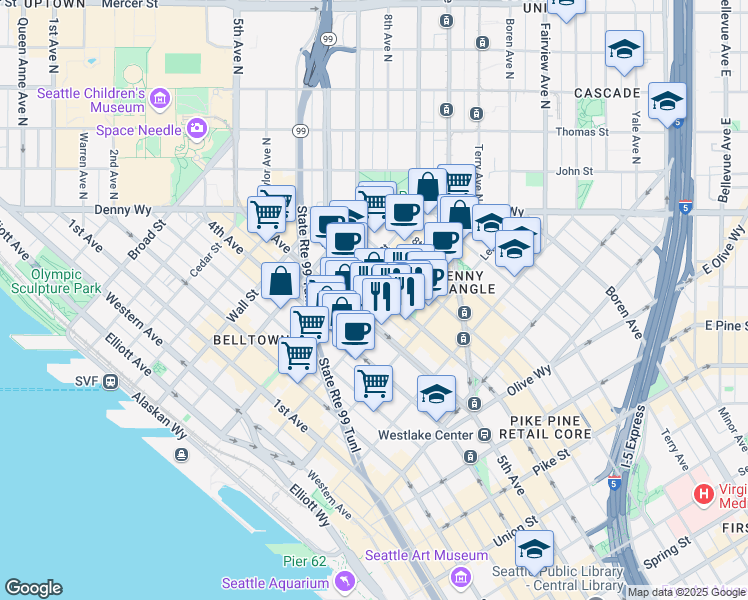 map of restaurants, bars, coffee shops, grocery stores, and more near 2201 6th Avenue in Seattle