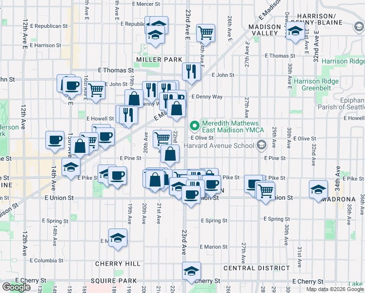 map of restaurants, bars, coffee shops, grocery stores, and more near 2302 East Pine Street in Seattle