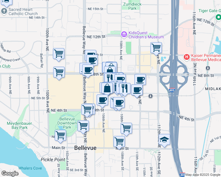 map of restaurants, bars, coffee shops, grocery stores, and more near 620 106th Avenue Northeast in Bellevue