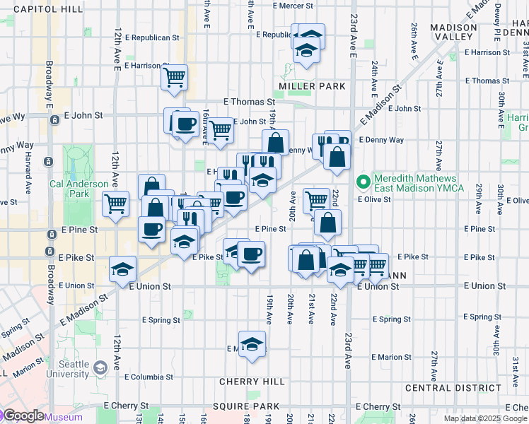 map of restaurants, bars, coffee shops, grocery stores, and more near 1615 19th Avenue in Seattle