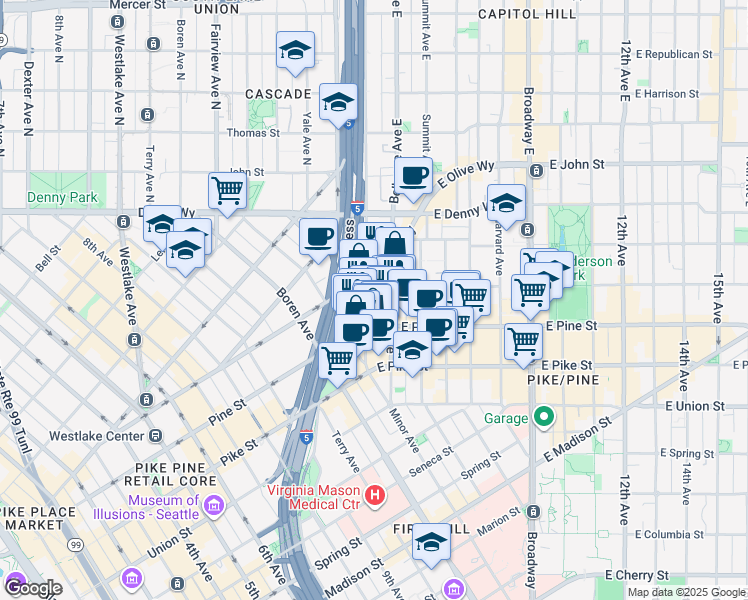 map of restaurants, bars, coffee shops, grocery stores, and more near 1633 Melrose Avenue in Seattle