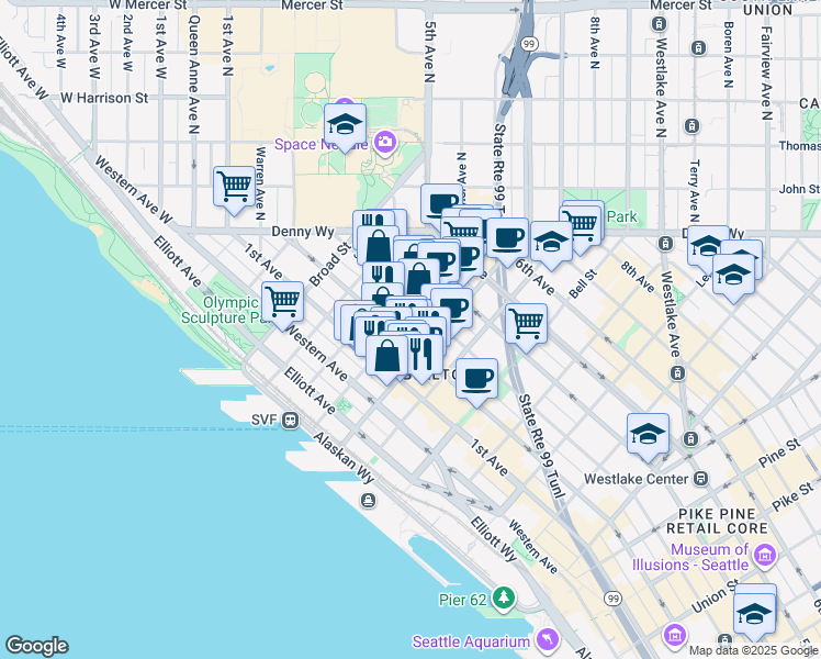 map of restaurants, bars, coffee shops, grocery stores, and more near 210 Wall Street in Seattle