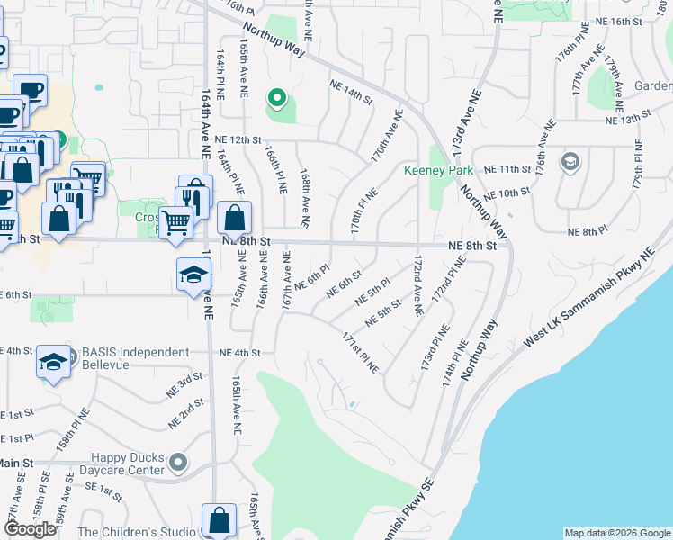 map of restaurants, bars, coffee shops, grocery stores, and more near 16858 Northeast 6th Street in Bellevue