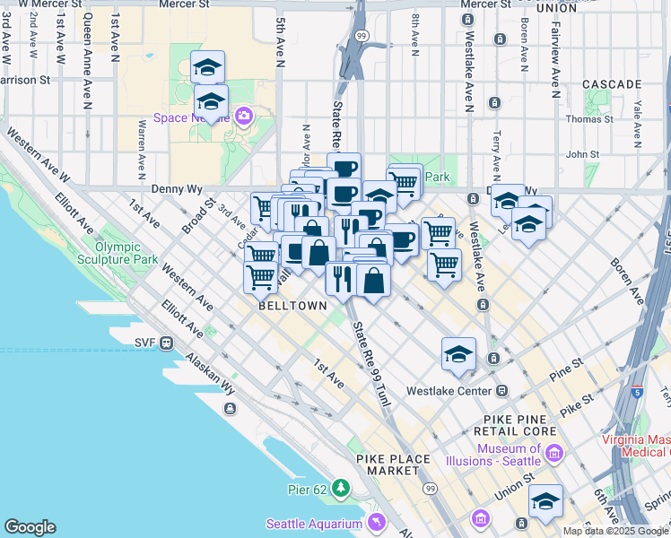 map of restaurants, bars, coffee shops, grocery stores, and more near 2334 4th Avenue in Seattle