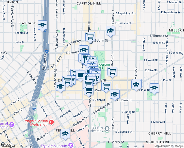 map of restaurants, bars, coffee shops, grocery stores, and more near in Seattle