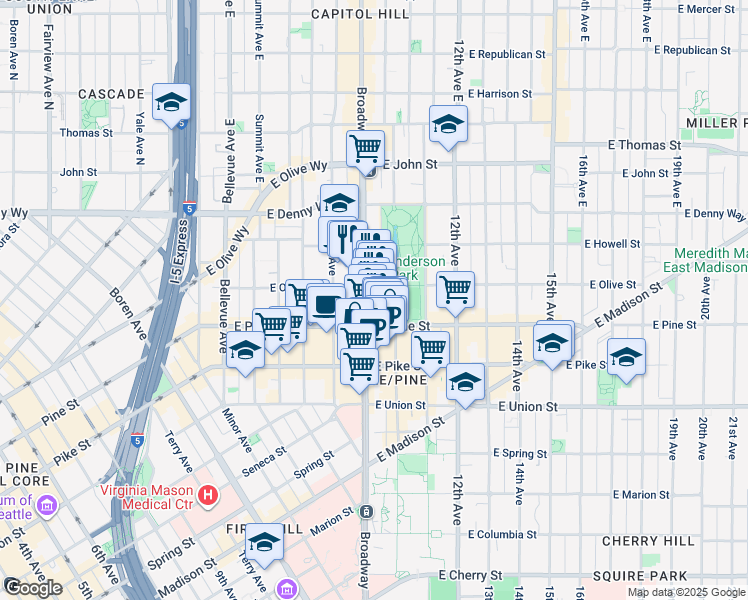 map of restaurants, bars, coffee shops, grocery stores, and more near 1620 Broadway in Seattle