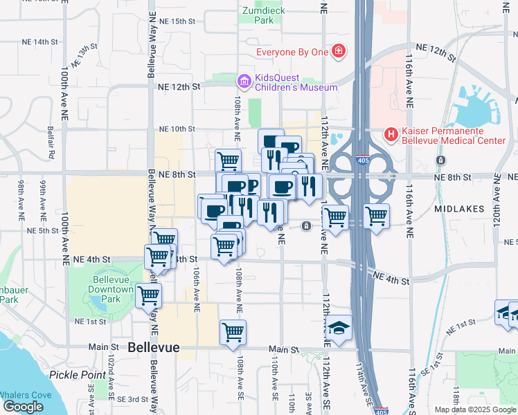 map of restaurants, bars, coffee shops, grocery stores, and more near 633 110th Avenue Northeast in Bellevue
