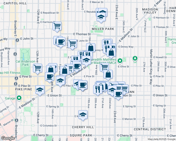map of restaurants, bars, coffee shops, grocery stores, and more near 1634 19th Avenue in Seattle