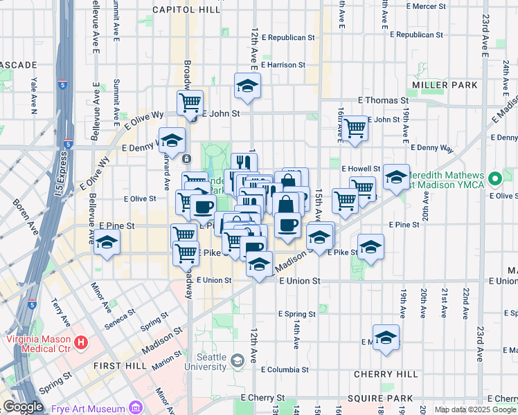 map of restaurants, bars, coffee shops, grocery stores, and more near 1625 13th Avenue in Seattle