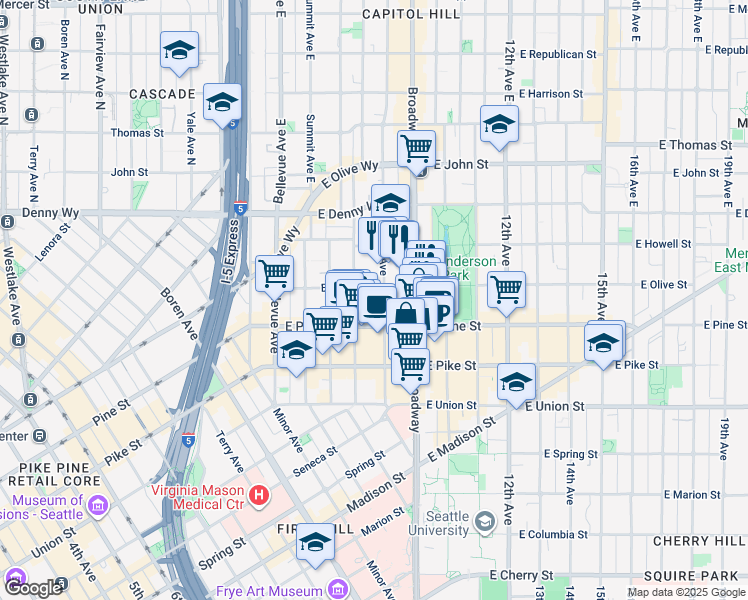 map of restaurants, bars, coffee shops, grocery stores, and more near 1625 Broadway in Seattle