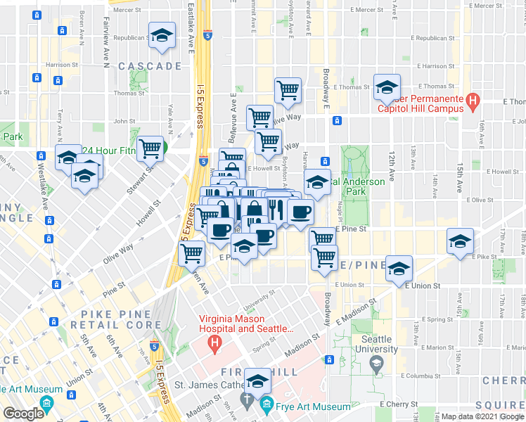 map of restaurants, bars, coffee shops, grocery stores, and more near 1627 Belmont Avenue in Seattle