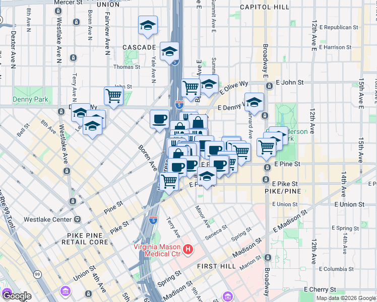 map of restaurants, bars, coffee shops, grocery stores, and more near 600 Wall Street in Seattle