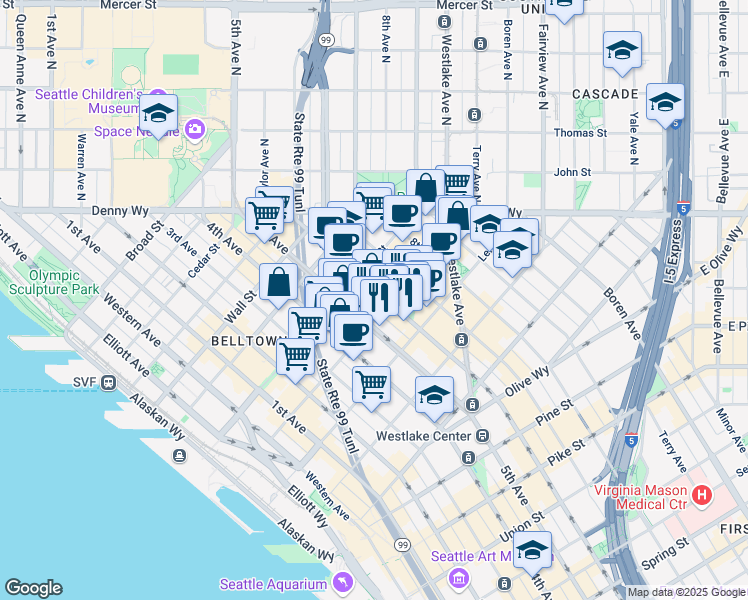 map of restaurants, bars, coffee shops, grocery stores, and more near 2200 5th Avenue in Seattle