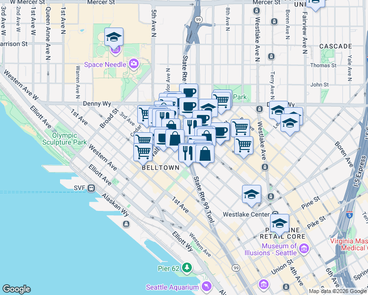 map of restaurants, bars, coffee shops, grocery stores, and more near in Seattle